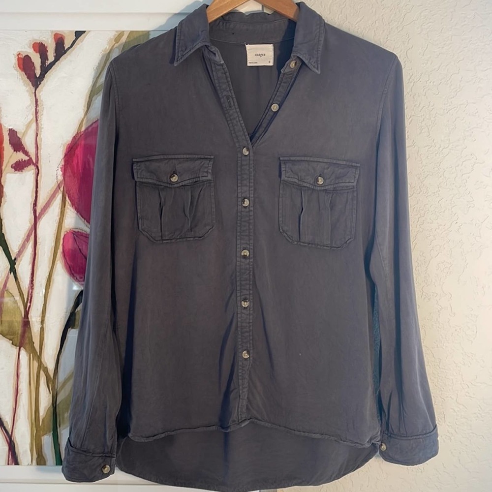 Harper Gray Button Down Viscose Shirt Oversized Soft Casual Preppy